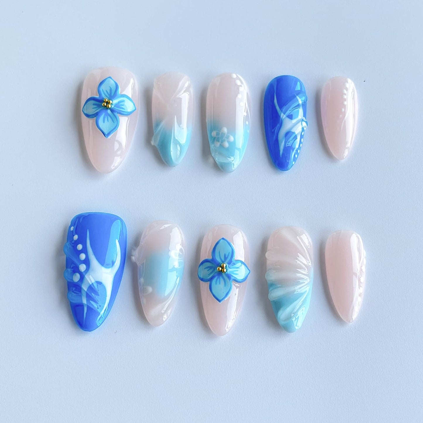 Luxury Press on Nails Medium Almond 3D Unique Handmade Fake Nails Blue False Nails with Designs Flower Water Ripple Beach Reusable ABS MaterialGlossy Glue on Thick Acrylic Nails(M)