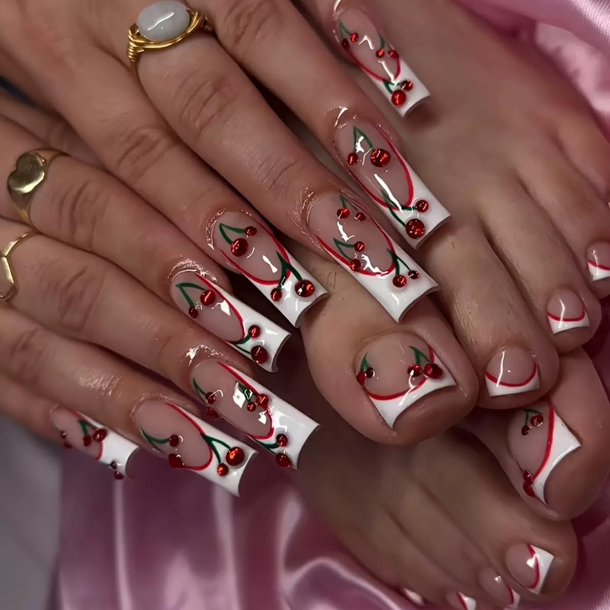 CTTHNBD Square Press on Nails Long & Press on Toenails Set, White French Tip Fake Nails with Cherry Design - for Women 48 Pcs