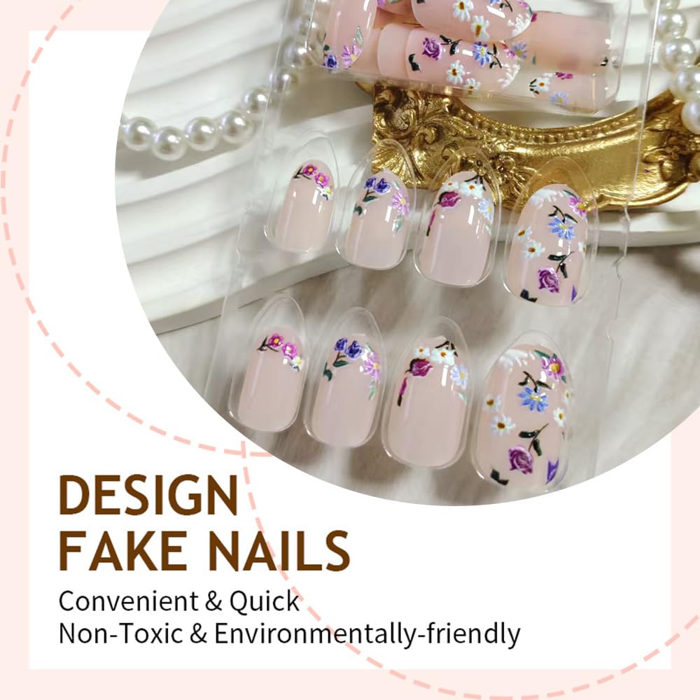 Flower Press on Nails Short Almond Spring Fake Nails with Embossed Flowers Designs Summer False Nails Gel Artificial Fingernail Cute Acrylic Nail Natural Full Cover Stick on Nails for Women 24Pcs