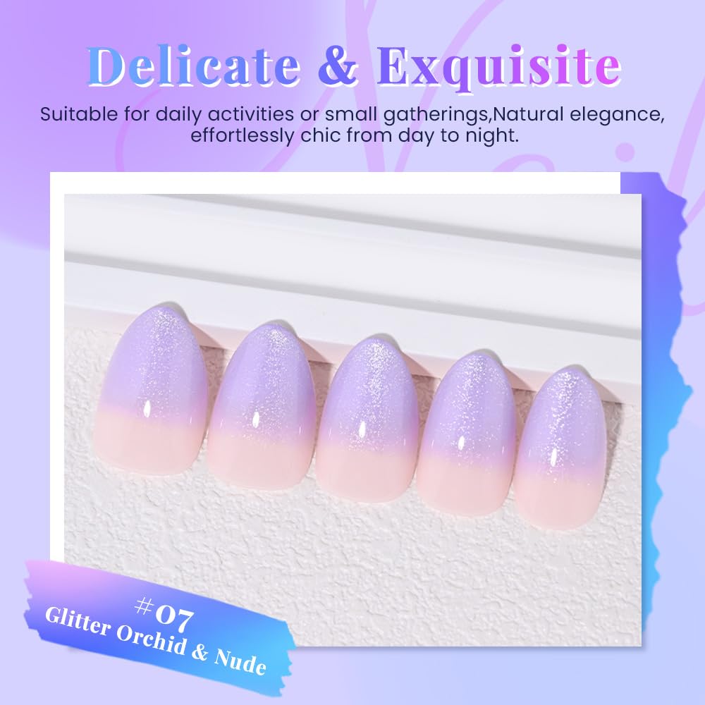 evpct Ombre Nude to Orchid Press on Nails Short Almond, Short Almond Glossy Stick on Nail for Women Gift with Manicure Kit, Reusable Soft Gel Stick on Fake Nail with Glitter Designs Perfectly Fit
