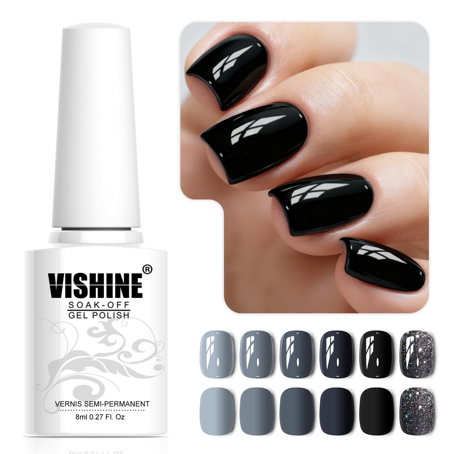 Vishine Classic Gray Serie Gel Nail Polish Set - 6 Different Gray Shades Glitter Polish Kit Popular Nail Art Design Soak Off LED Lamp Manicure Kit