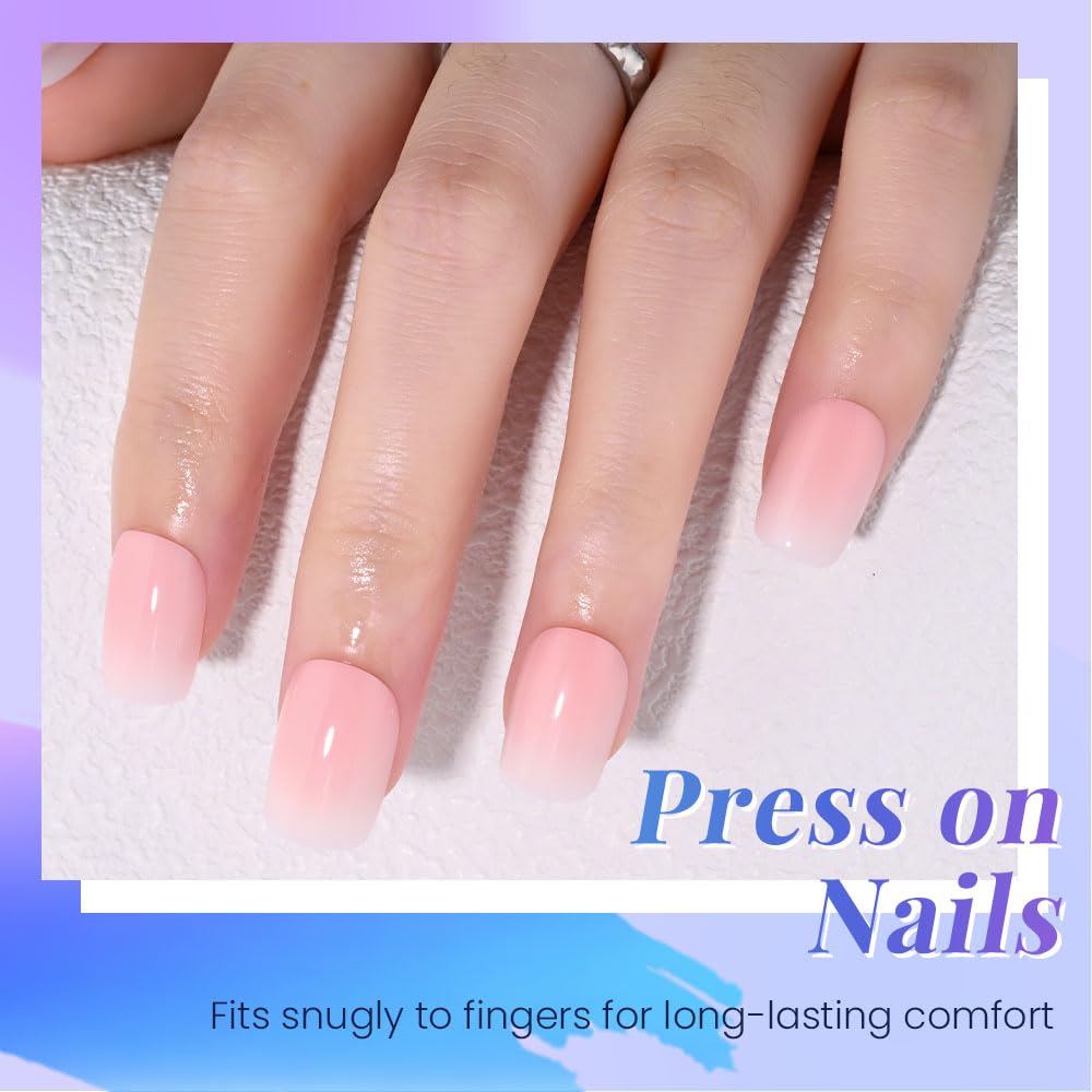 XZMeiLun Pink White Ombre Press on Nails, Short Square Acrylic Fake Nails Design, Natural Reusable Nails Kit for Women DIY False Nail Art Decoration Gift, Salon Quality Reusable 15/30 Pcs