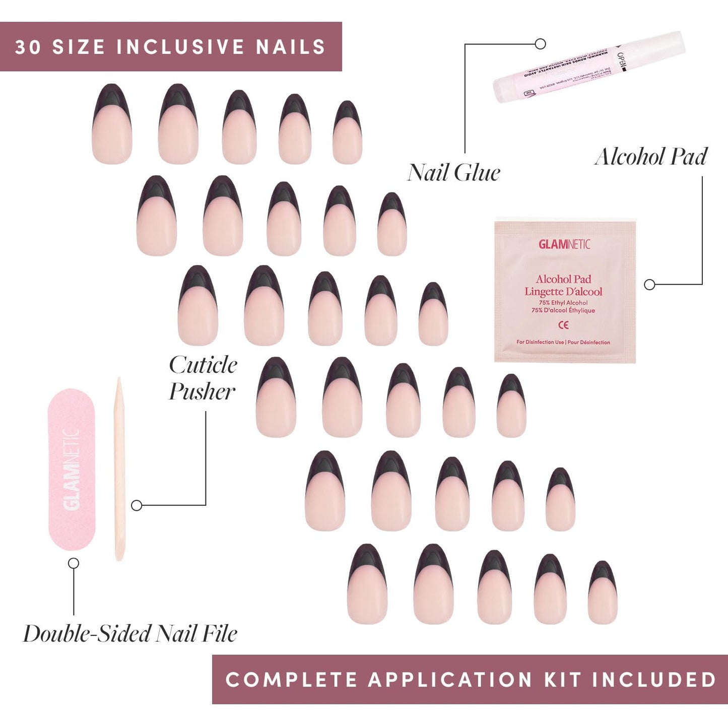 Glamnetic Press-On Nails Bundle - Heavenly & Caviar | Nude Trendy French Tip Short Almond Fake Nails | Short Almond Black French Tip False Nails | Reusable, Salon-Quality Nail Kits