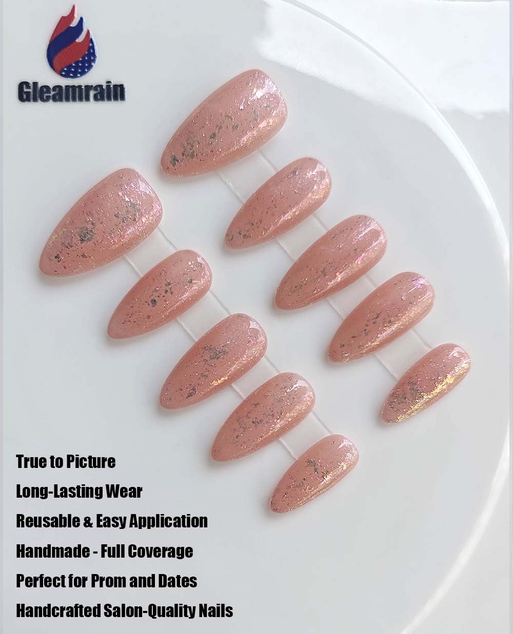 Gleamrain Almond Medium Handmade Press on Nails Nude for Women, Handcrafted Glitter Design Reusable Full Cover Fake Nail for Daily Wear Party Birthday D317
