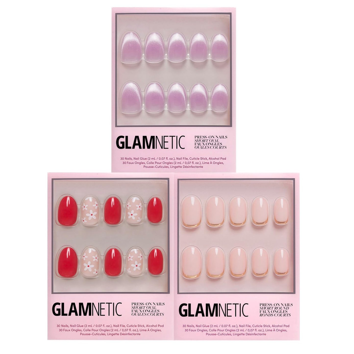Glamnetic Press-On Nails Bundle - Red Blossom, Goal Digger & Fairy Dust | Oval Fake Nails with Floral Accents | Almond Black French Tip False Nails | Glazed Short Almond False Nails
