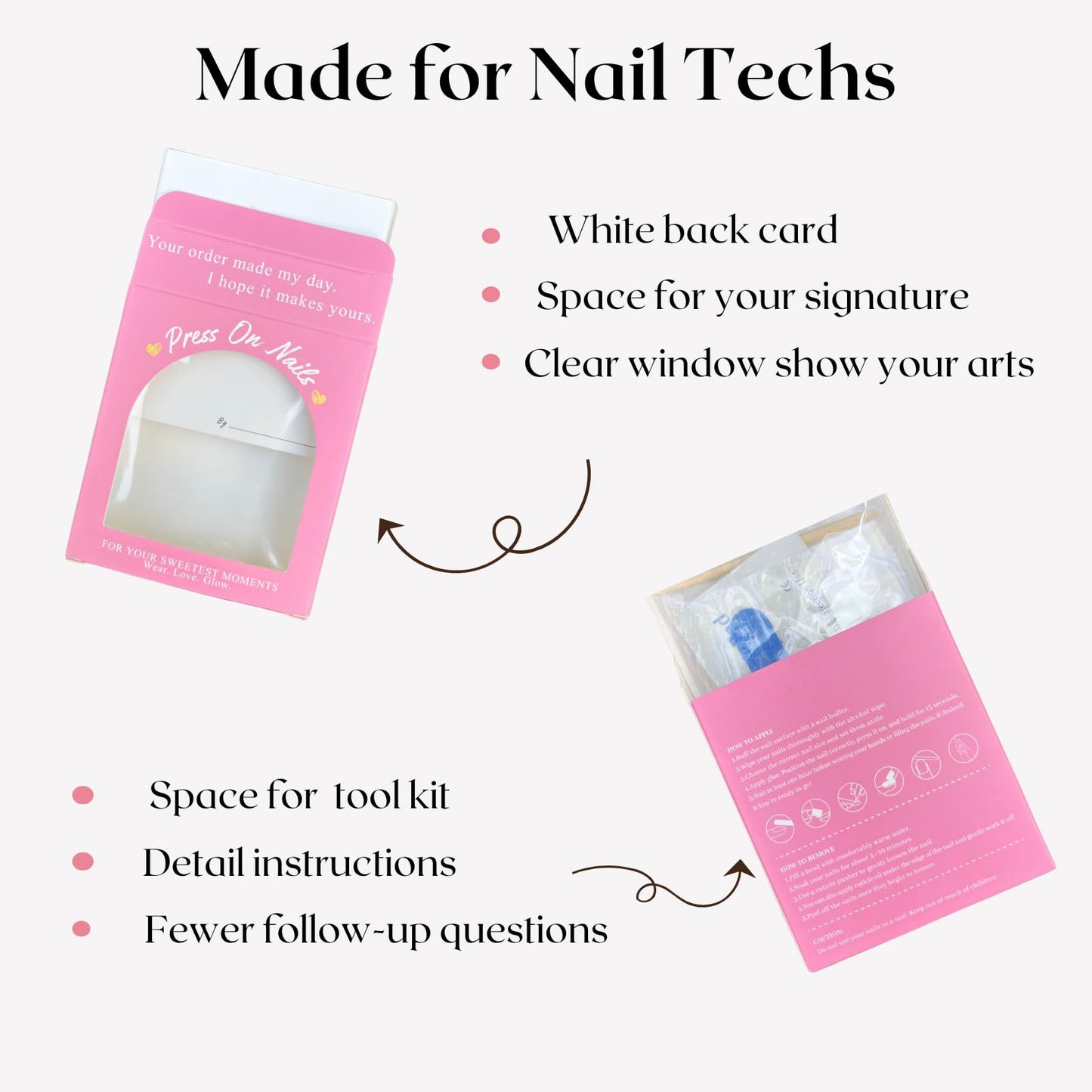Press On Nails Packaging Boxes Bulk 20 Pack for Nail Tech & Small Business Vendor with 20 Instructions & Signature Cards 30 Adhensive Double Sided Tape 3.5"x3.2" PVC Window