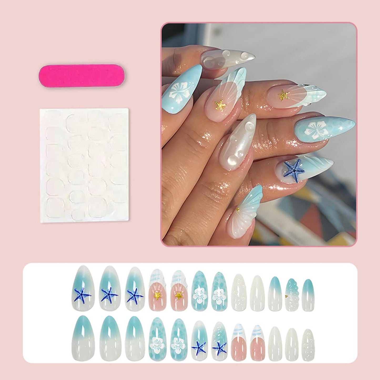 BSBTBZ Summer Ocean Medium Almond 24Pcs Blue Starfish 3D Acrylic ABS Press-On False Nails with Gold Bead Charms & White Flowers Design