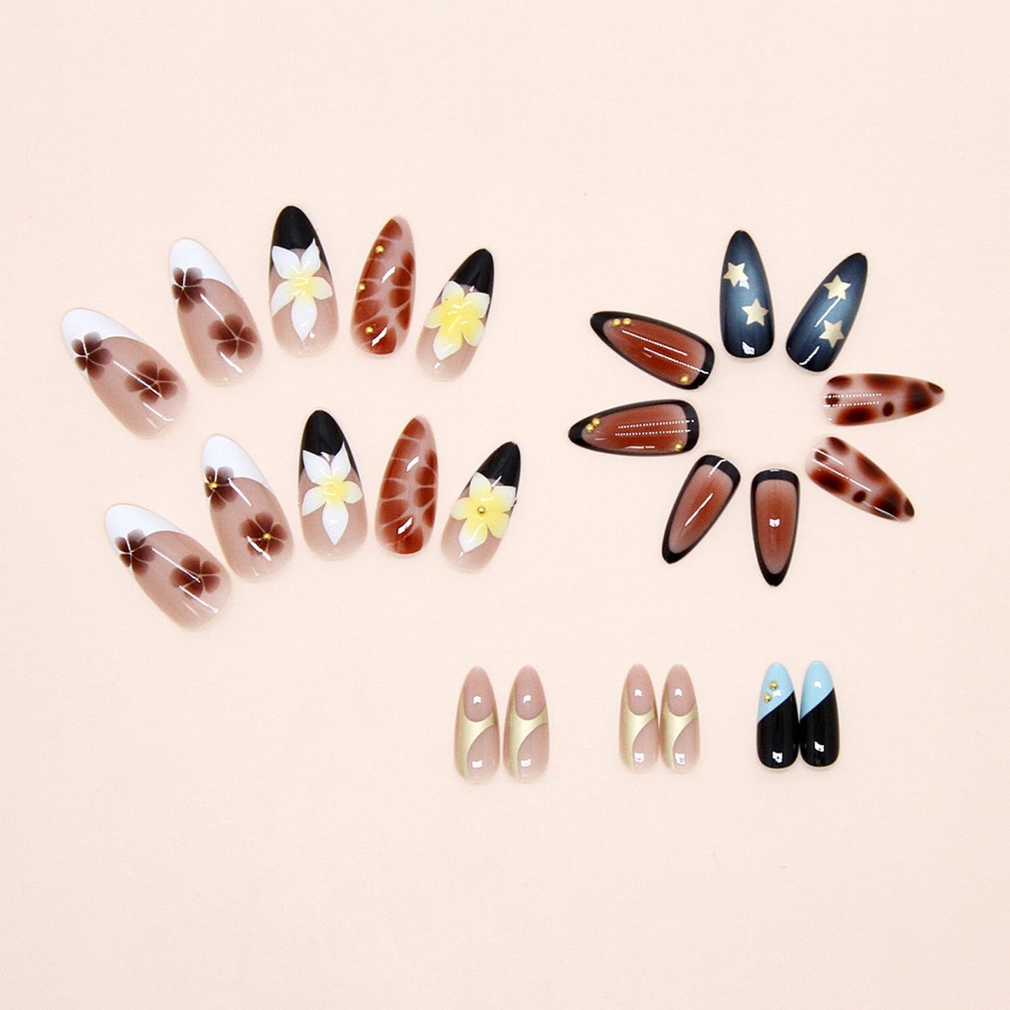 24Pcs French Tip Press on Nails Medium Almond Fake Nails with Lily Flower Pattern Brown Gold Beads Press on False Nails French Nails Cute Floral Stick on Full Cover Artificial Glue on Nail for Women