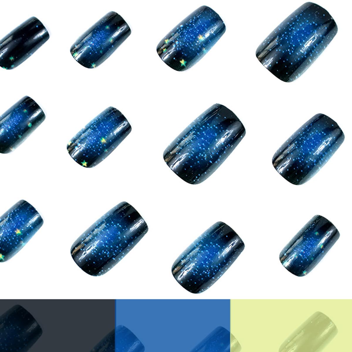 24Pcs Dark Blue Starry Sky Fake Nails Short Square Press on Nails with Stars Designs Blue Black Ombre Nail Press ons Glossy Full Cover Glue on Nails Reusable Stick on Nail for Women Manicure