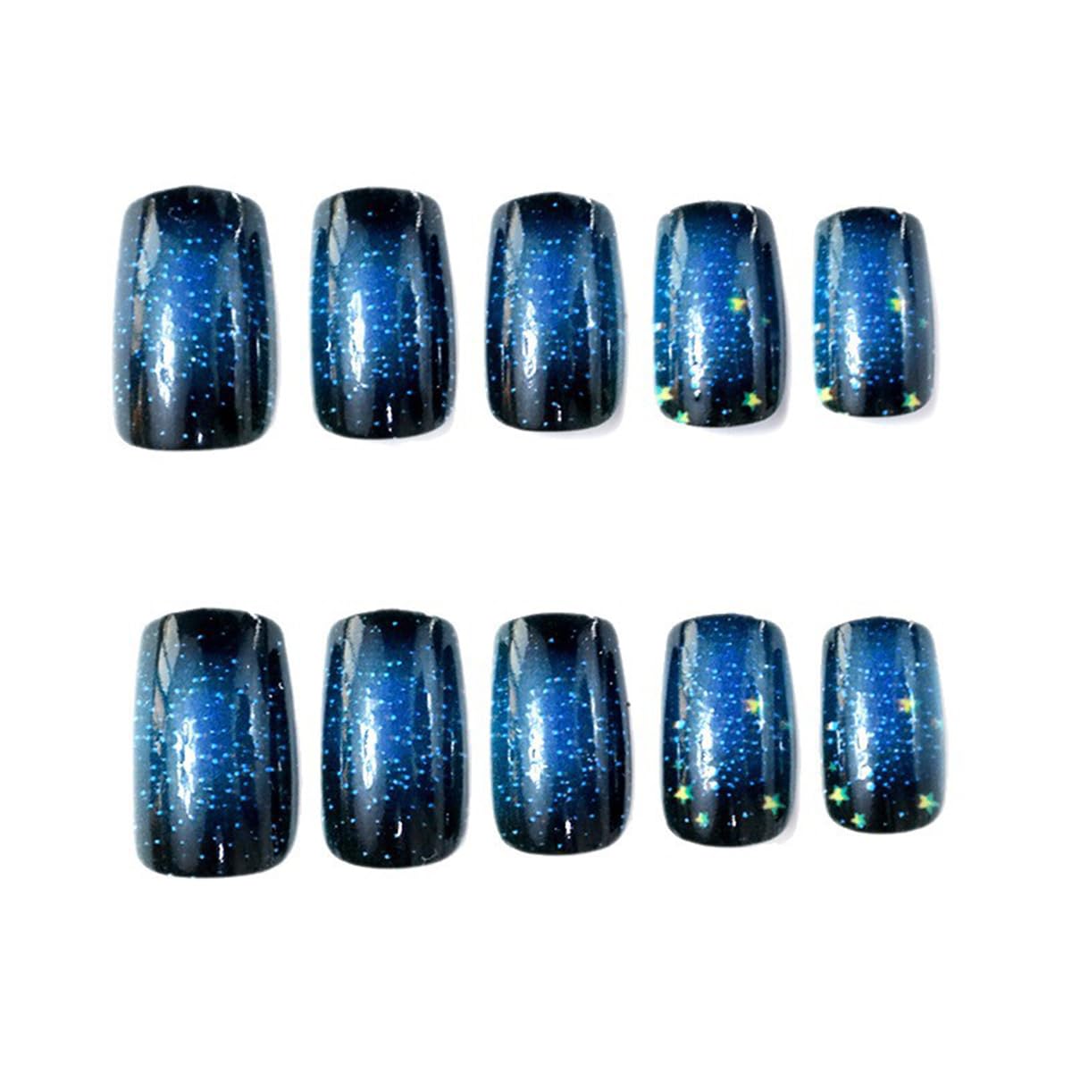 24Pcs Dark Blue Starry Sky Fake Nails Short Square Press on Nails with Stars Designs Blue Black Ombre Nail Press ons Glossy Full Cover Glue on Nails Reusable Stick on Nail for Women Manicure