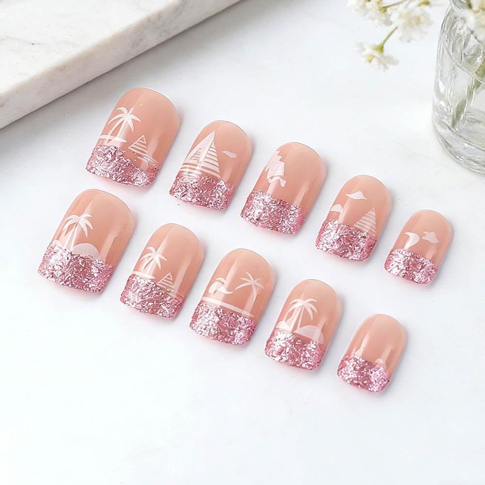 Taoyisent Pink Glitter Press On Nails Short Square 24PCS Soft Gel Reusable Fake Nails Beach Palm Tree Design Full Cover Stick On Nails for Women