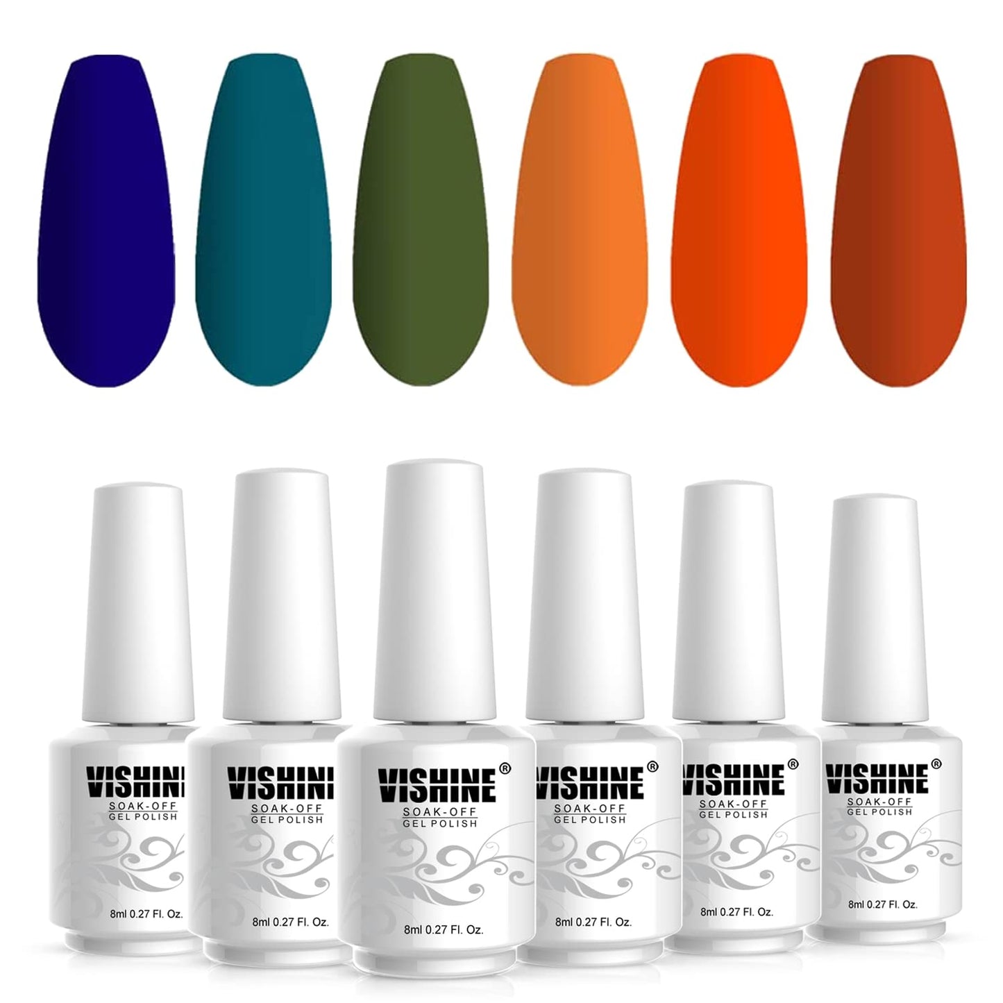 Vishine Gel Polish 6 Colours Soak Off UV LED Nail Art Manicure DIY Salon Gift Set Starter Kit Fall Color Orange Olive Green Colour Series 8ML