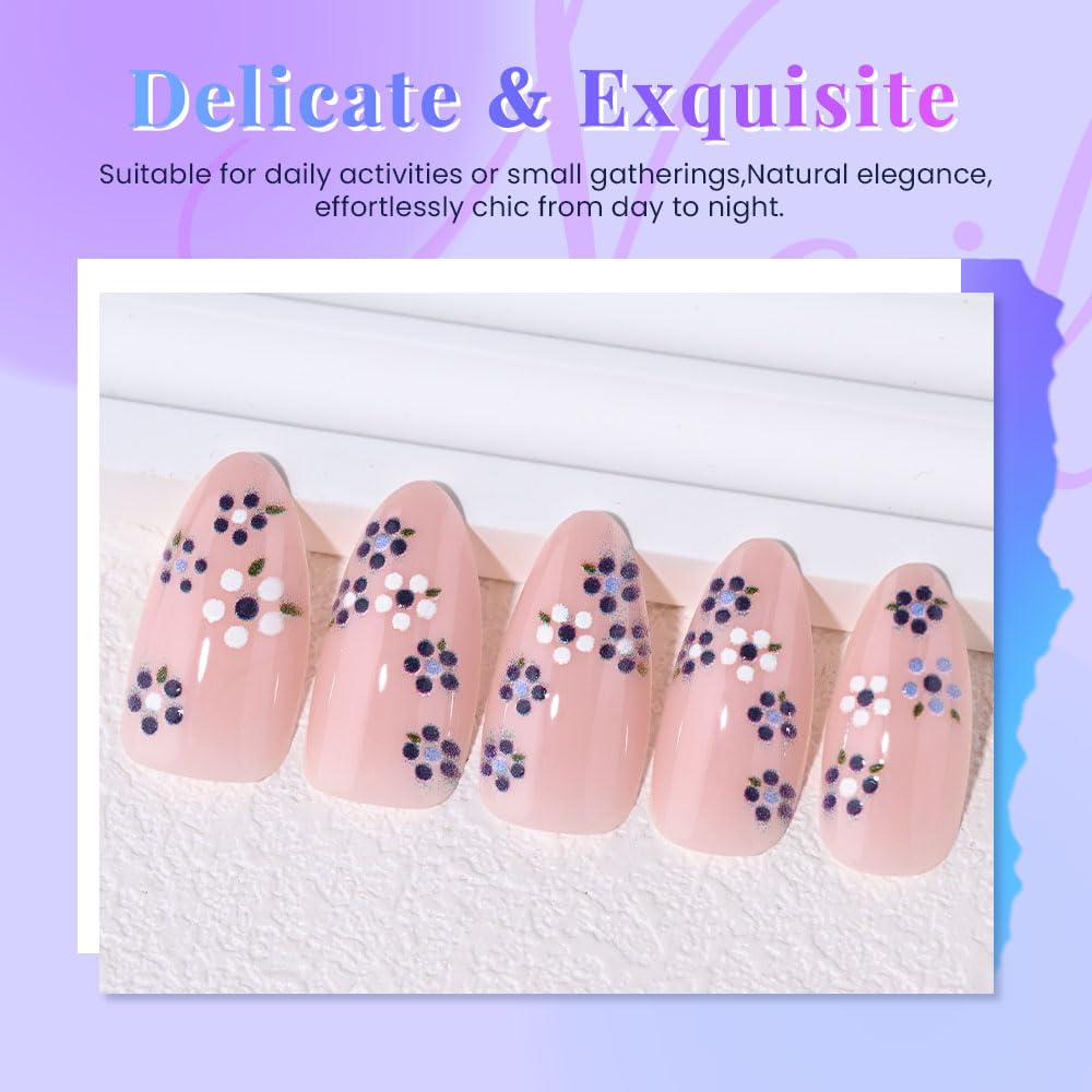 XZMeiLun Spring Summer Purple White Floral Press On Nails Medium Almond Fake Nails, Salon Quality Reusable Acrylic Nails for Women & Girls, DIY Nail Art Gift Kit - 30 PCS 15 Sizes