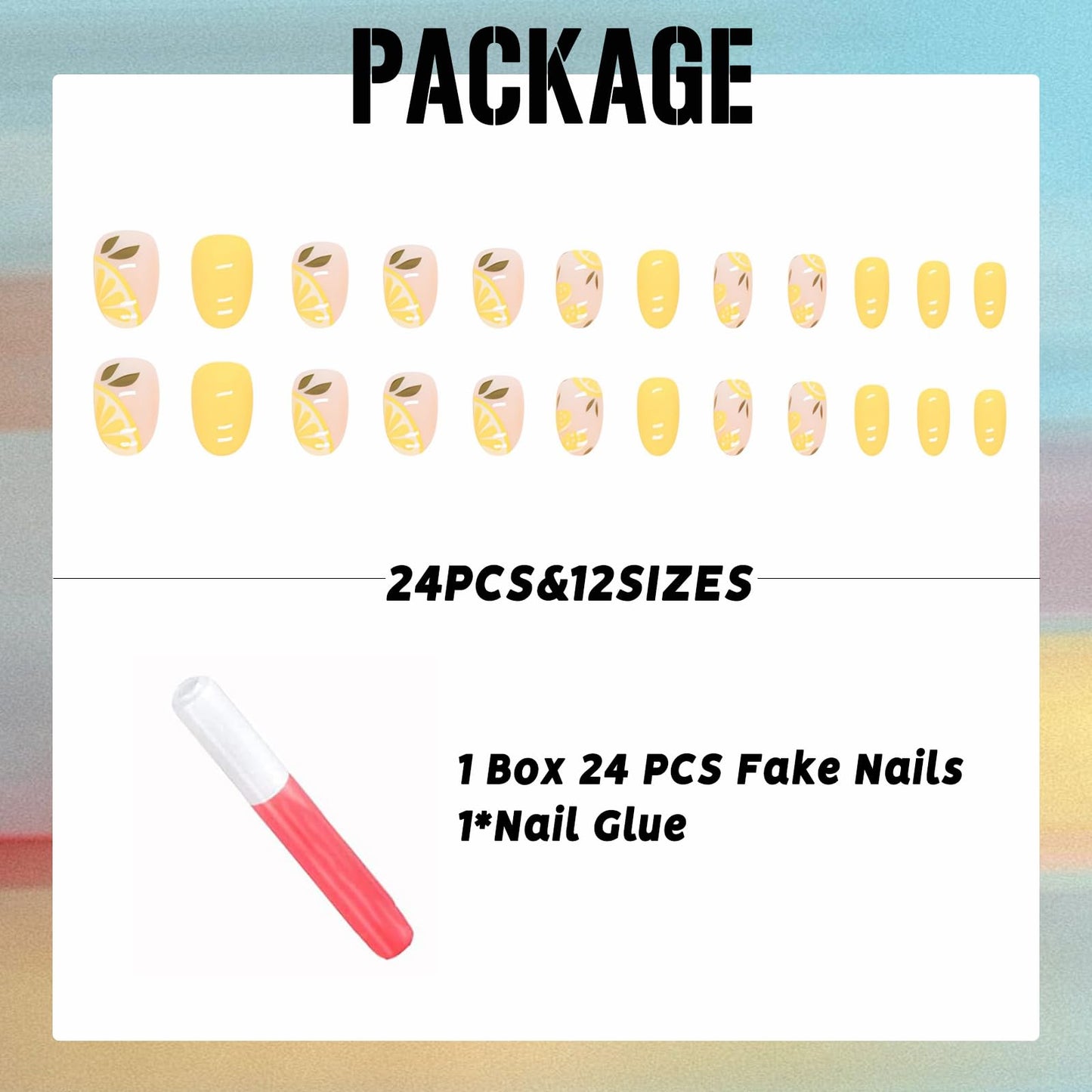 IMSOHOT Yellow Oval Press on Nails Summer Short French Tip Fake Nails Cute Lemon Pattern False Nails with Designs Glossy Full Cover Round Acrylic Nails for Women Girls 24Pcs