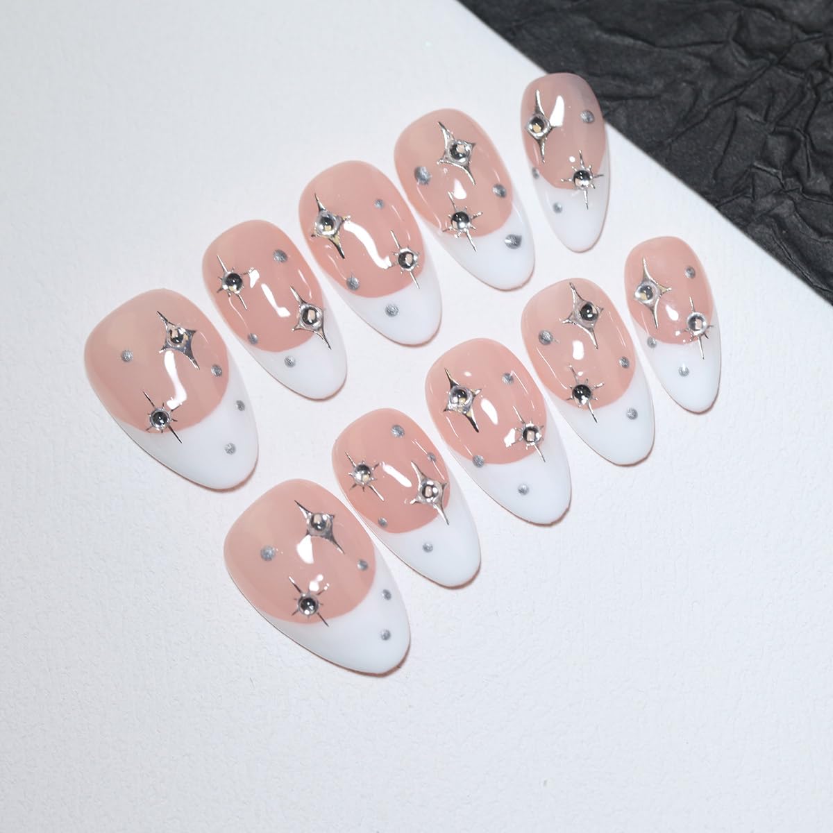10 Pcs Short Almond Handmade Press On Nails | French Tip with Silver Starburst & Rhinestone Accents | Reusable, Easy to Apply & Remove, Salon-Quality Manicure (RR10, S)