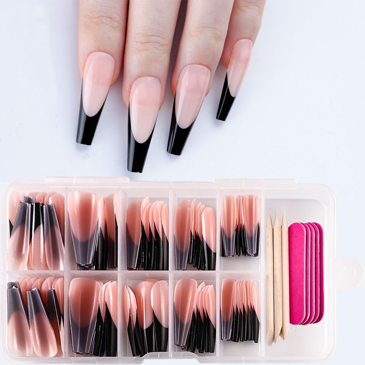 120Pcs Black French Tip Press on Nails Long Coffin Fake Nails French Tip False Nails Full Cover Acrylic Glue on Nail Nude Pink Artificial Nails Reusable Stick on Nail for Women Manicure Kit