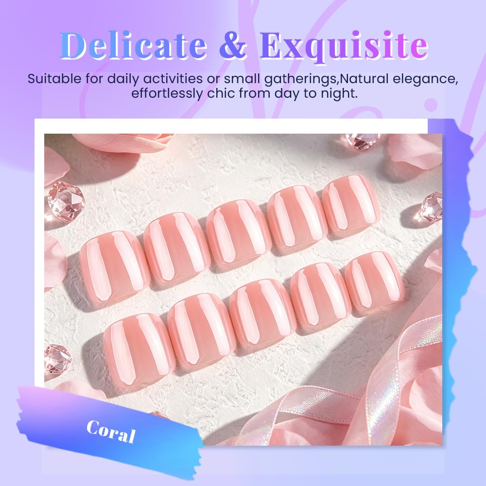 evpct Coral Glazed Press on Toenails Square for Women Gift, Glossy Square Fake Stick Press on Toe Nails, Soft Stick on Toenail Set with Kit, Lightweight Perfectly Fit Full Cover Fake Toenails 32Pcs
