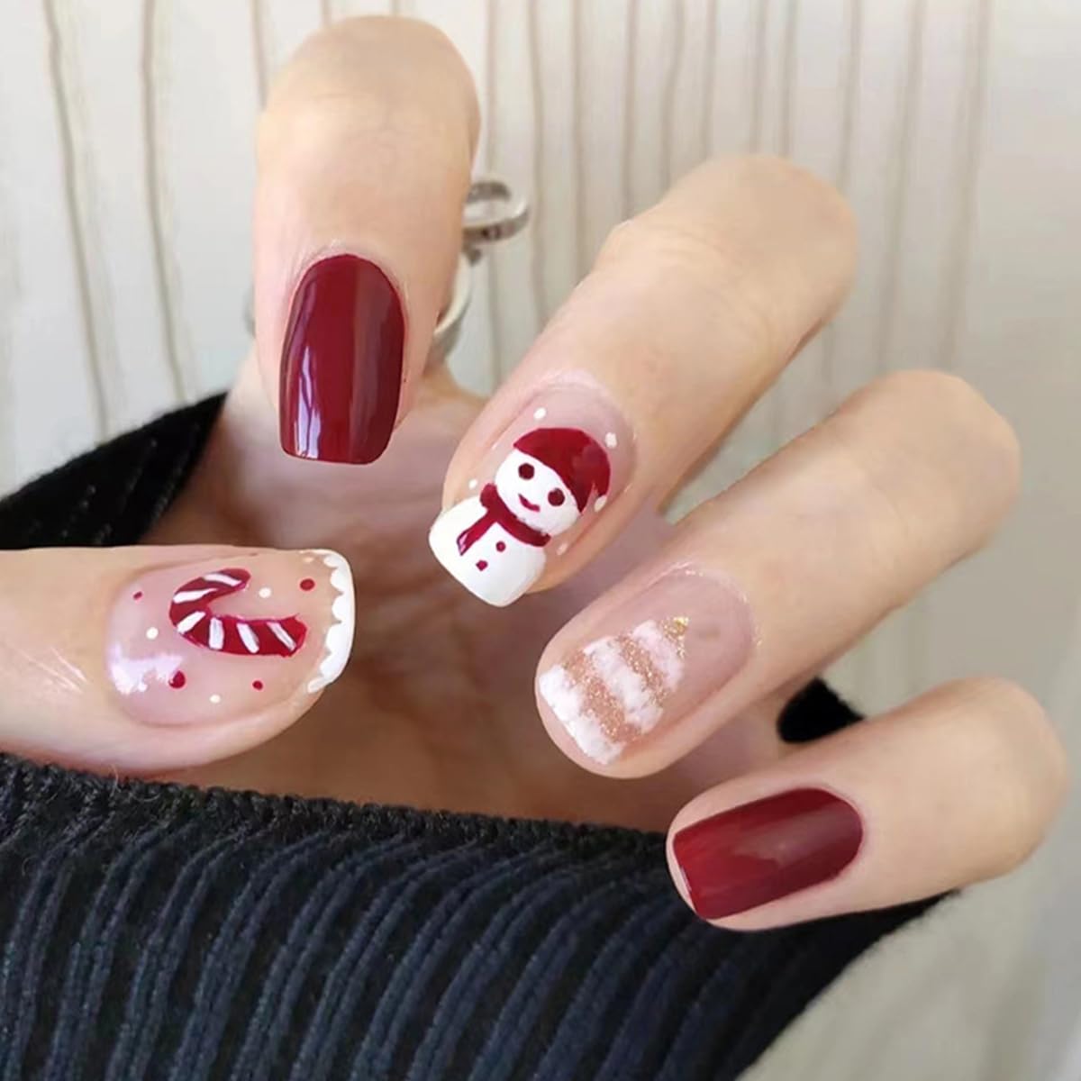 6 Packs (144 Pcs) Christmas Press on Nails Short Square Fake Nails Winter Xmas False Nails with Designs Snowflake Snowman Elk Glue on Nails Full Cover Glossy Acrylic Stick on Nail for Women Manicure