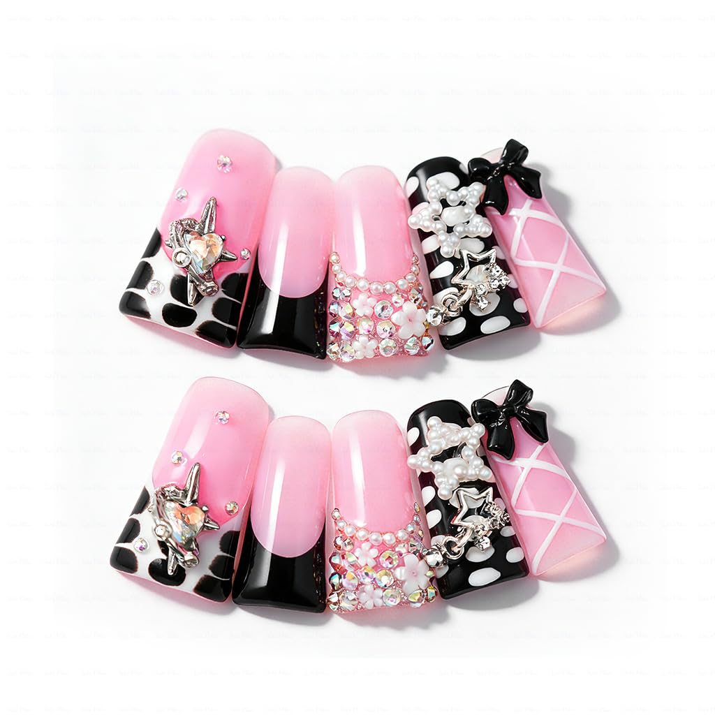 IntoVibes 10 Pieces Luxury Acrylic Press On Nails Long Handmade Duck Nails, Black Thickened False French Nails, With 3D Bowknot And Stars, Reusable Fake Nails, Acrylic Nails (L)