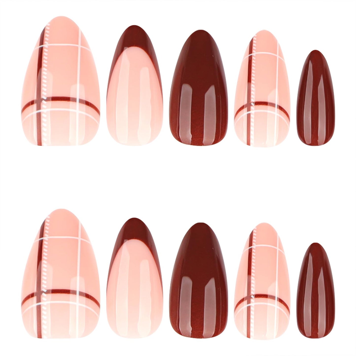 Mivota Almond Press On Nails Long Soft Gel Brown Plaid Fake Nails for Women, 24PCS Reusable Glossy Nude Brown False Nails with Glue, Trendy Checkered Design Stick On Nail Tips for DIY Salon Manicure
