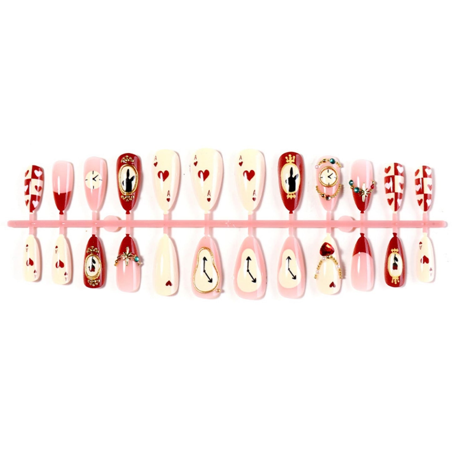 Almond Press on Nails Medium Fake Nails Red Artificial Nail Cherry and Heart Love Designs Gold Charm Stick on Nail for Women 24pcs