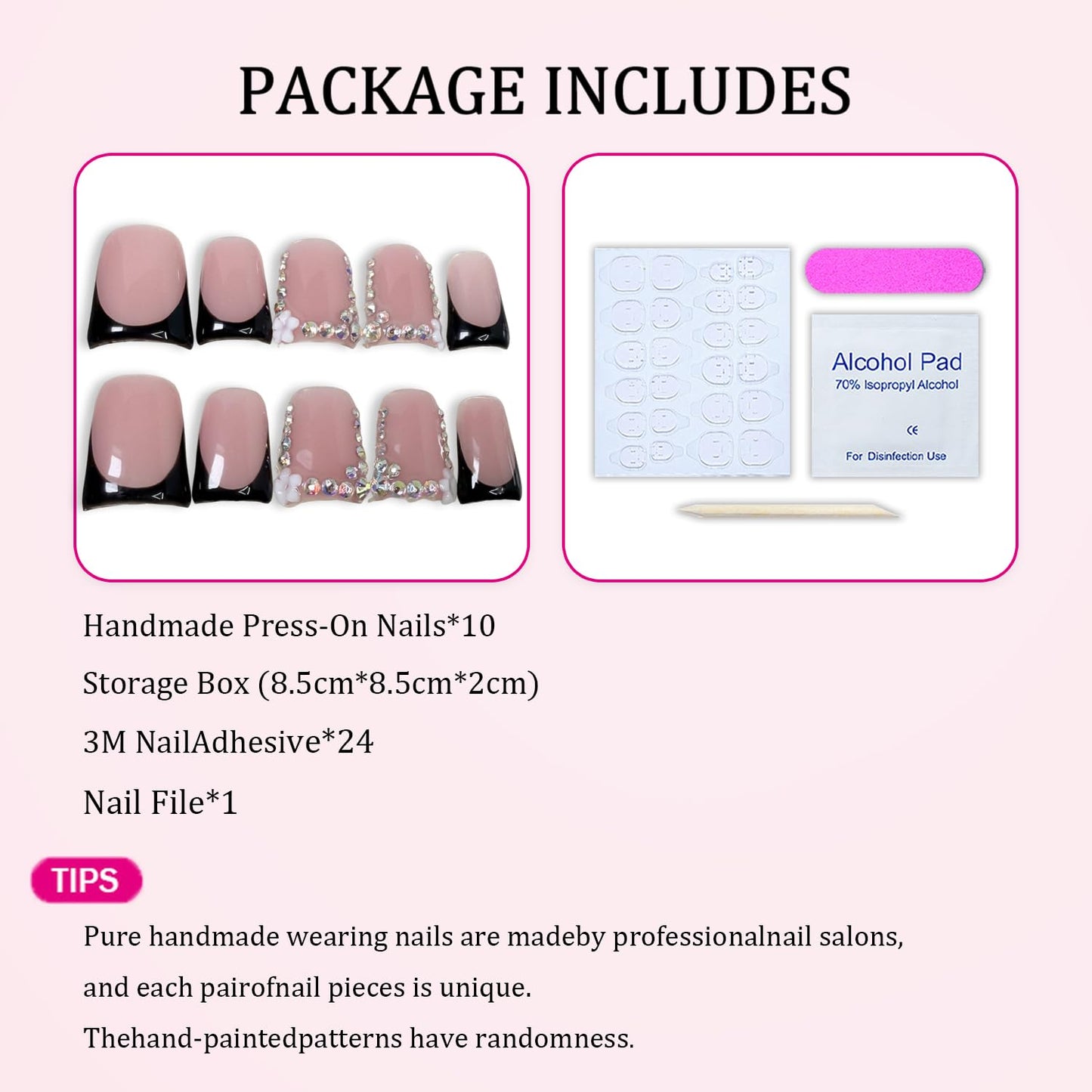 Handmade Press on Nails Muti-Layer Gel Acrylic Nail Short Duck Black French Tip Fake Nails Flower & Rhinestones Designs Luxury Handmade False Nail Art Full Cover Thickened Stick on Nails for Women (S)