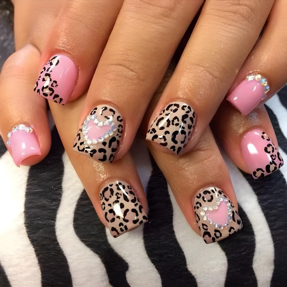 Press on Nails Short Square - Pink Fake Nails with Leopard Print Design - Heart Rhinestone Full Cover Stick on Winter False Nails for Women 24 Pcs