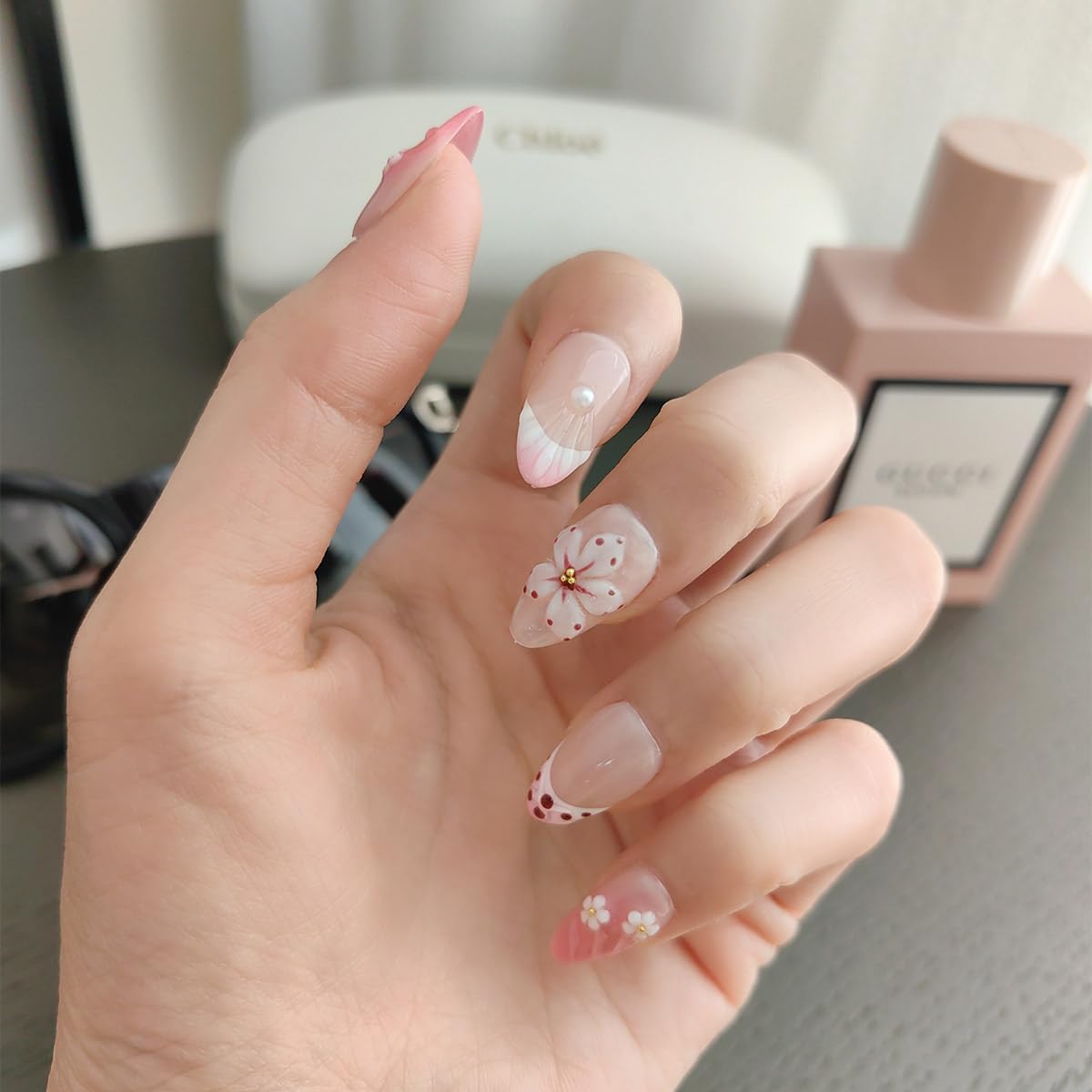 10Pcs Short Almond Handmade Press On Nails | Pink Ombre with Seashell, 3D Floral & Pearl Decor | Reusable Salon-Quality Fake Nails for Women and Girls (PZ01, S)