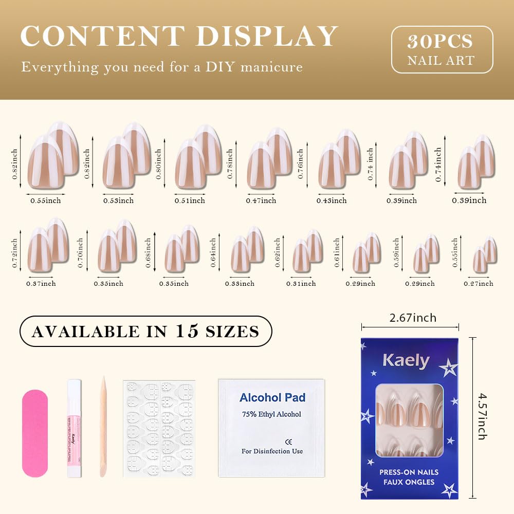 evpct French Tip Press On Nails Short Almond, Nude Brown + Wihte Tips, Chrome Glazed Glossy Short Almond Fake False Press on Nails, Reusable Gel Stick on nail Press ons Nail Kit, Salon Quality