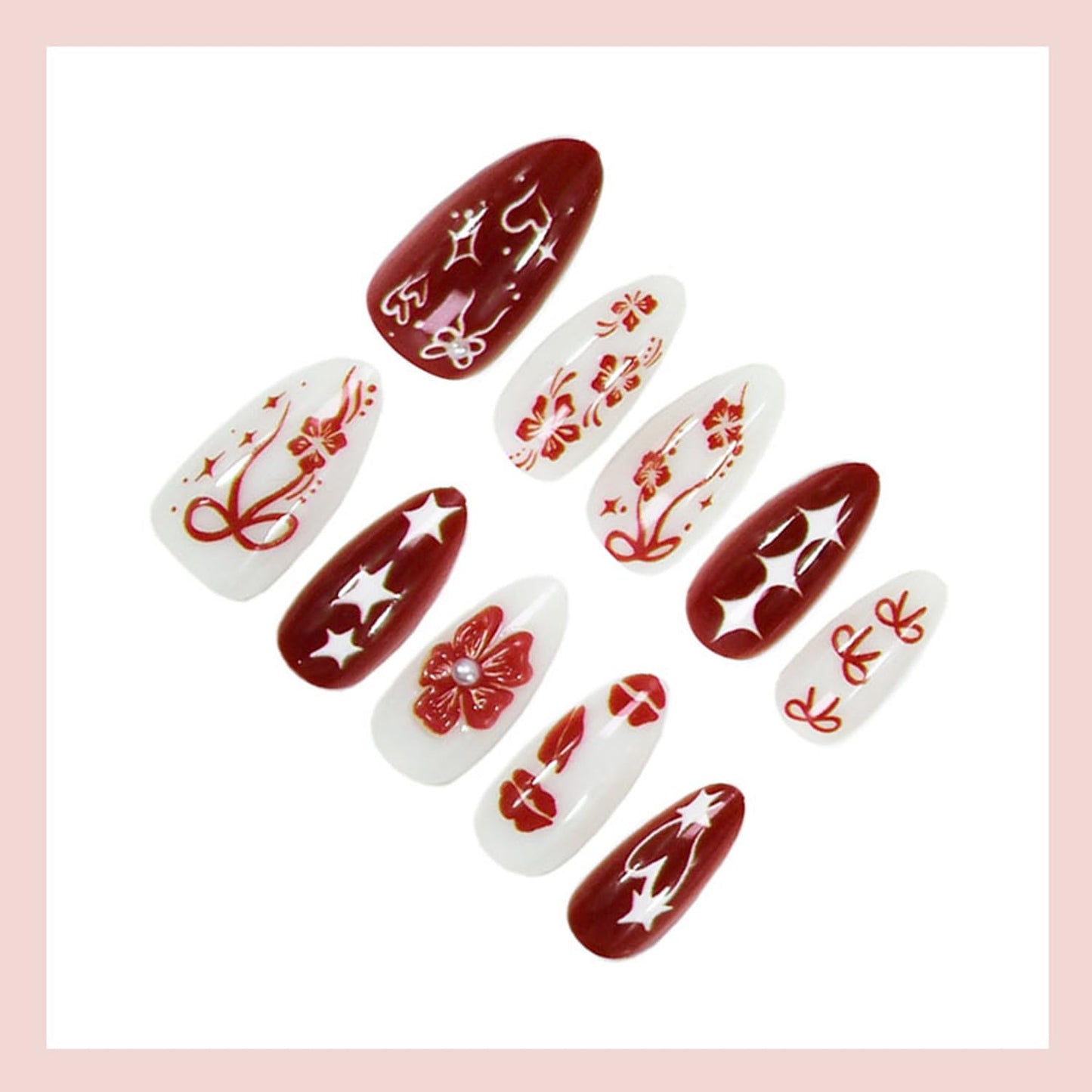 30Pcs Red Press on Nails Almond Medium Fake Nails with 3D Star Bow Flower Lip Design French Acrylic Nail Tip Glossy Full Cover Artificial Nails for Women DIY Manicure Supplies Daily Wear