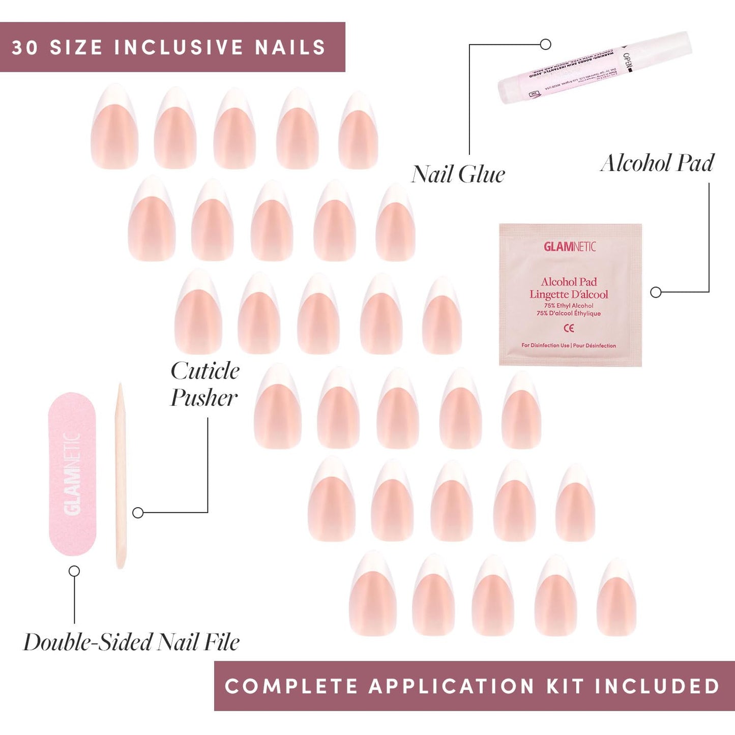 Glamnetic Press-On Nails Bundle - Sugar Glazed, Clouded & Mrs. | Medium Oval Fake Nails with White Polka Dots & Glazed Finish | Medium Almond Milky White Fake Nails | Short Almond Glazed French Tips