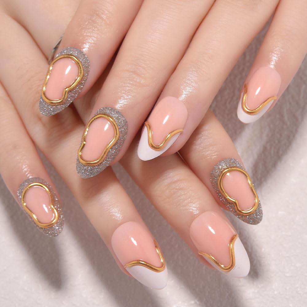 evpct French Tip Press On Nails Short Almond, Nude + Gold Line & White Tips, Silver Gray Glitter Short Almond Fake False Press on Nails, Reusable Gel Stick on nail Press ons with Nail Kit