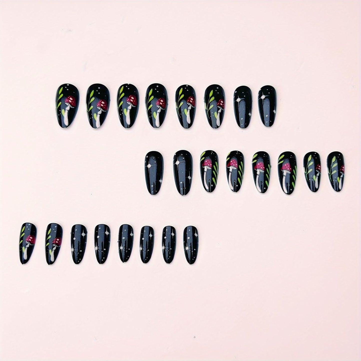Black Press on Nails Medium Almond SWEKKE Fake Nails Cute False Nails with Mushroom Stars Designs Full Cover Glossy Glue on Nail Acrylic Nail for Women Girls 24Pcs