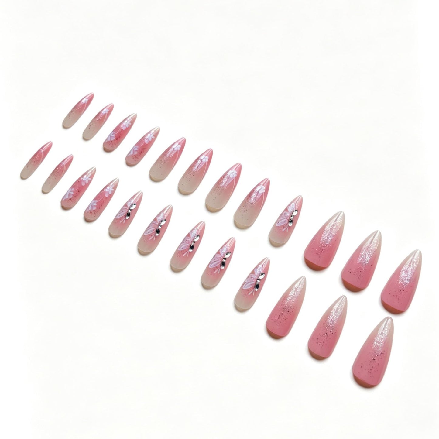 Hkanlre Press on Nails Long Fake Butterfly Pink Nails Tips Full Cover False Almond Nails for Women and Girls 24PCS