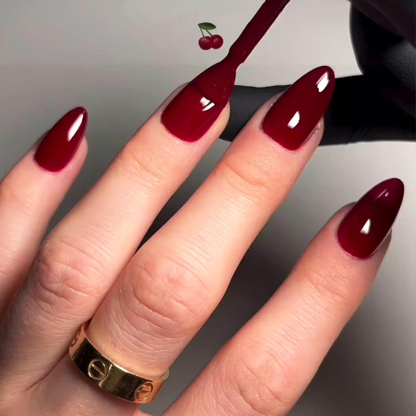 GLAMERMAID Cherry Red Press on Nails Medium Almond, Handmade Jelly Soft Gel Burgundy Emo Dark Red Glue on Nails, Pure Black Short Oval Stick on Nails Gel, Acrylic False Fake Nails Kit for Women
