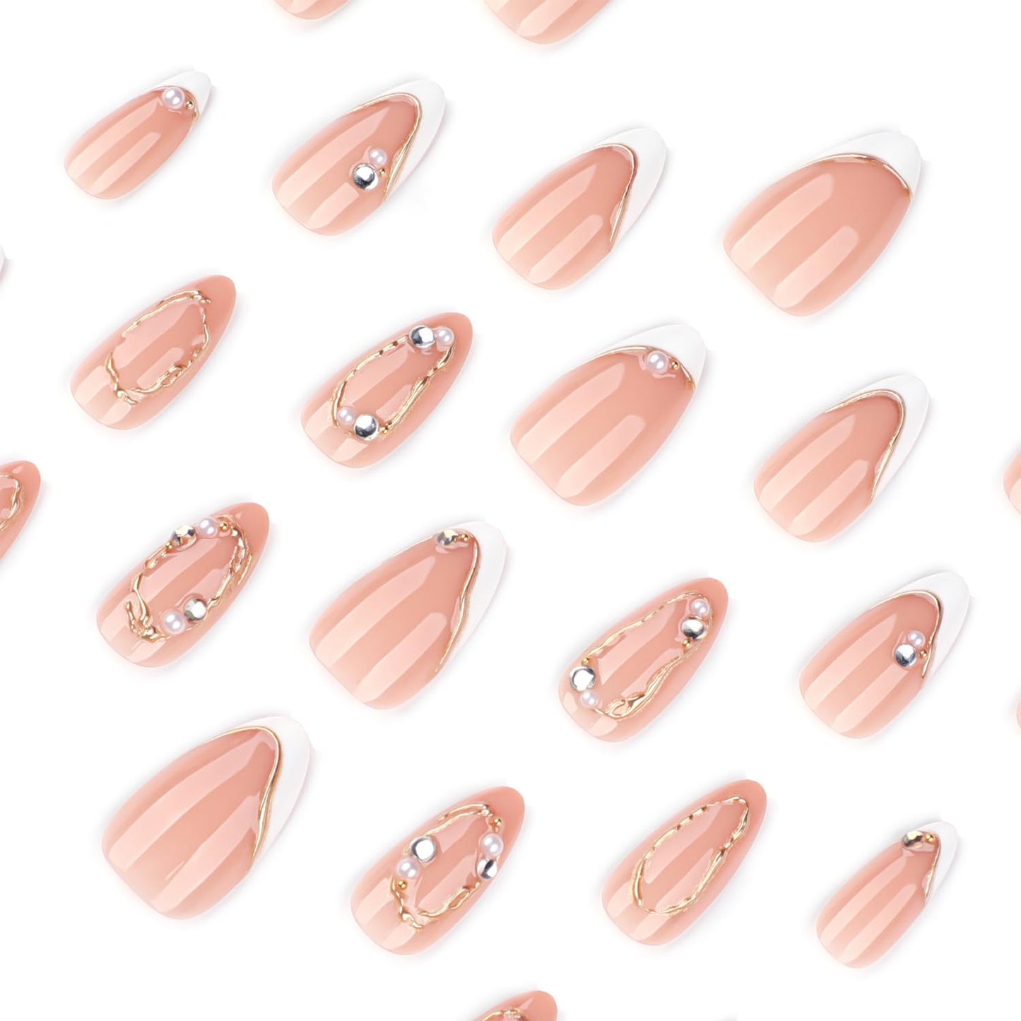 Mivota Soft Gel Press On Nails Almond Nude Pink, Luxury Gold Line Rhinestone Glue On Nails, Reusable Fake Nails Acrylic Look, 24PCS Bridal Wedding Press on Nails for Women