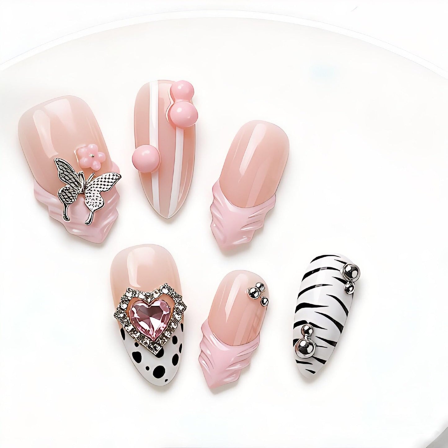 Handmade Press on Nails Almond Medium Reusable Acrylic Homemade Nails French Tip With 3D Design Fake Nail Art Sweet Cool Butterfly Press ons Nail for Women Full Cover Nail Decorations M