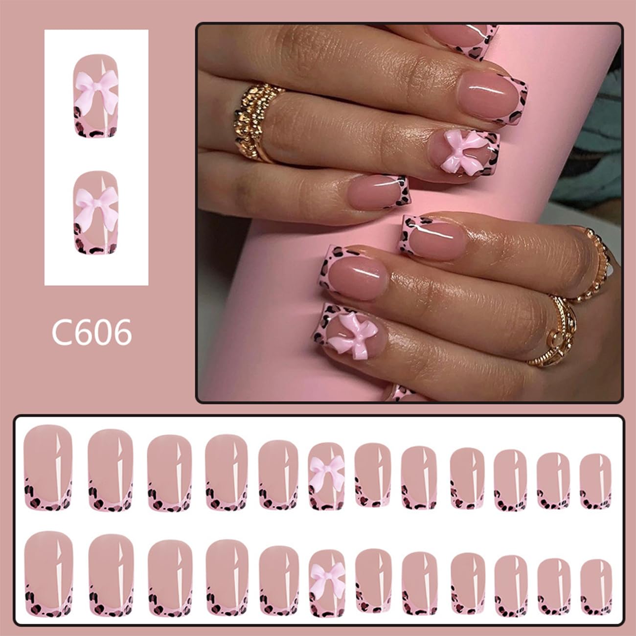 24Pcs Leopard French Tip Press on Nails Short Square Fake Nails Pink Glossy Bow Designs Full Cover Nude Glue on Nails Cute False Nail Stick on Nail for Women Girls Medium Manicure Decorations