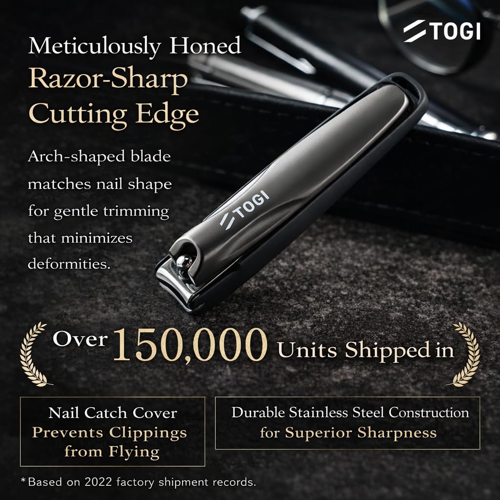 TOGI - Ultra Sharp Nail Clippers, Stainless Steel Nail Clippers for Women/Men, Fingernails & Toenail Cutter with Curved Blades, Built-in Catcher & File, 1 Champagne Gold Grooming Must-Have