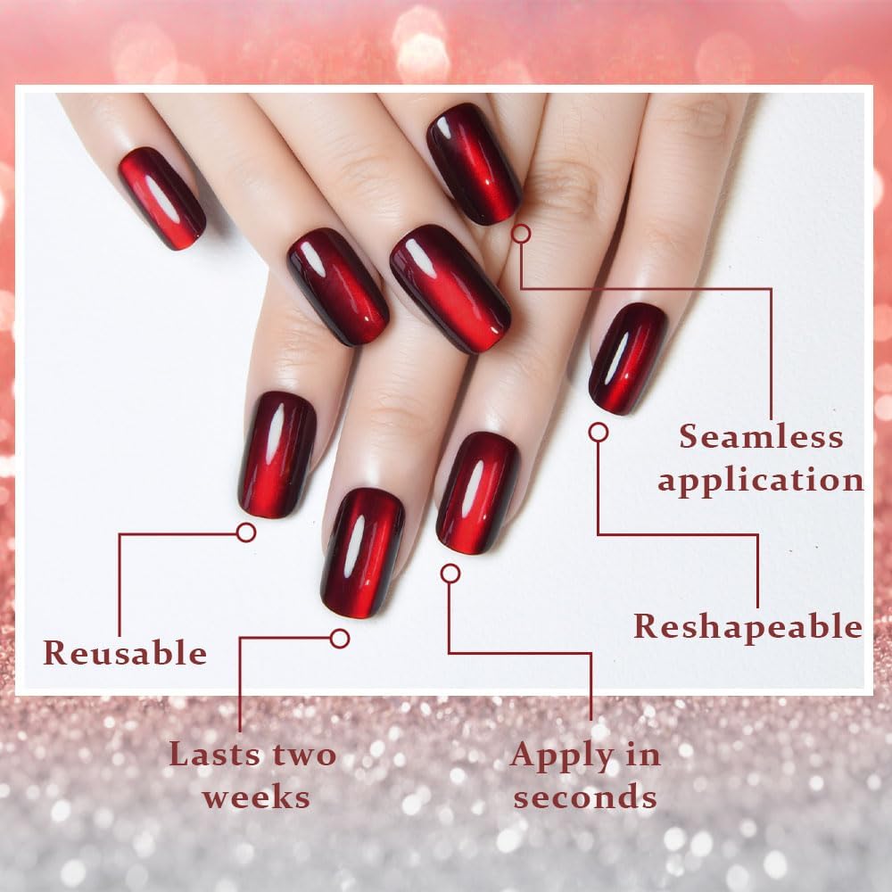 XZMeiLun Deep Red Press On Nails - Cat Eye Medium Square Magnetic Acrylic Fake Nails, Stylish Design, Salon-Quality Shiny Finish, Reusable Stick On Nails Kit for Women, Daily Wear (No Glue Included)