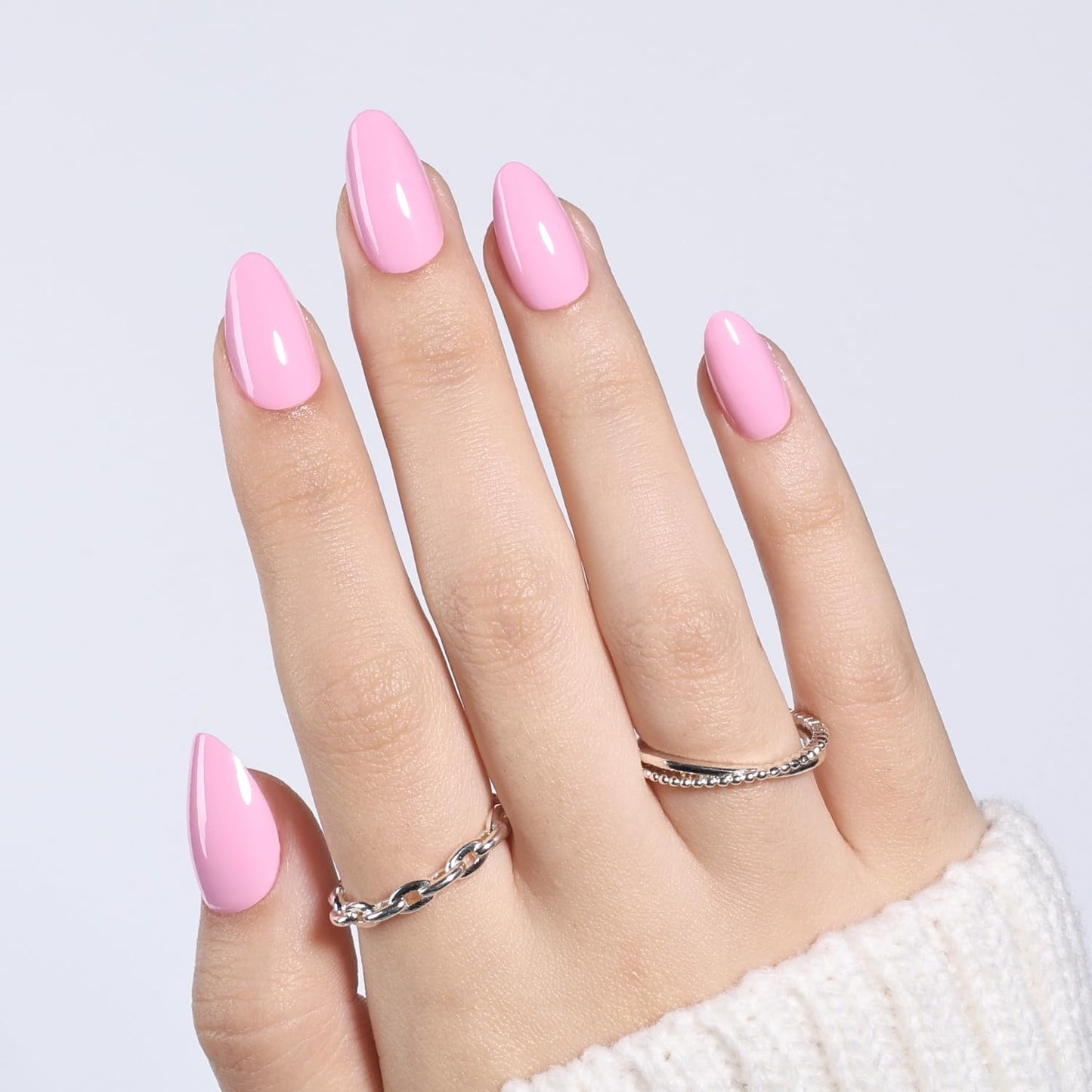 Leefrei Pink Press on Nails - Short Almond Glossy Baby Pink Nails, Soft Milky Pink Reusable Fake Nails Press ons for Women, 32 pcs in 16 Sizes False Nails Kit with Glue, Baby Pink