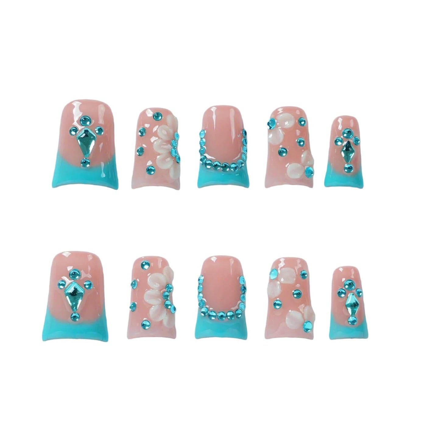 Tesytto Handmade Press On Nails Pink Blue French Tip Short with Crystal Rhinestone and 3D White Flower, Stick On Fake Nails for Women Girls, Reusable Cute Daily False Nails,10 Pcs(Azure Cloud Bloom,S)