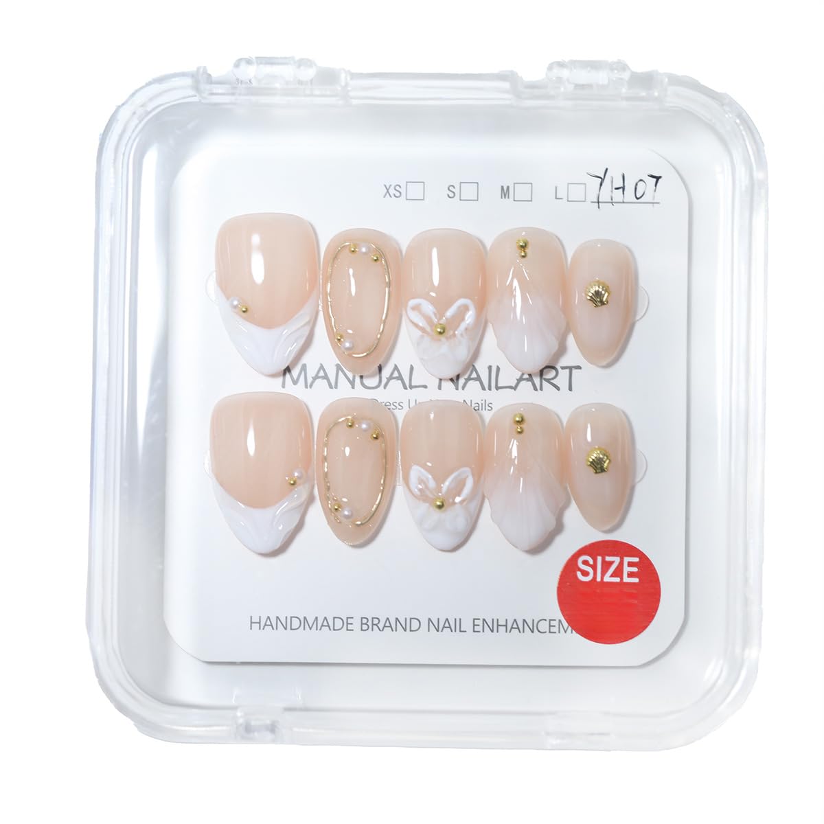10 Pcs Short Almond Handmade Press On Nails | Nude French Tip with 3D Butterfly Floral Wave & Gold Pearl Shell Accents | Reusable, Easy to Apply & Remove, Salon-Quality Manicure (RR12, S)