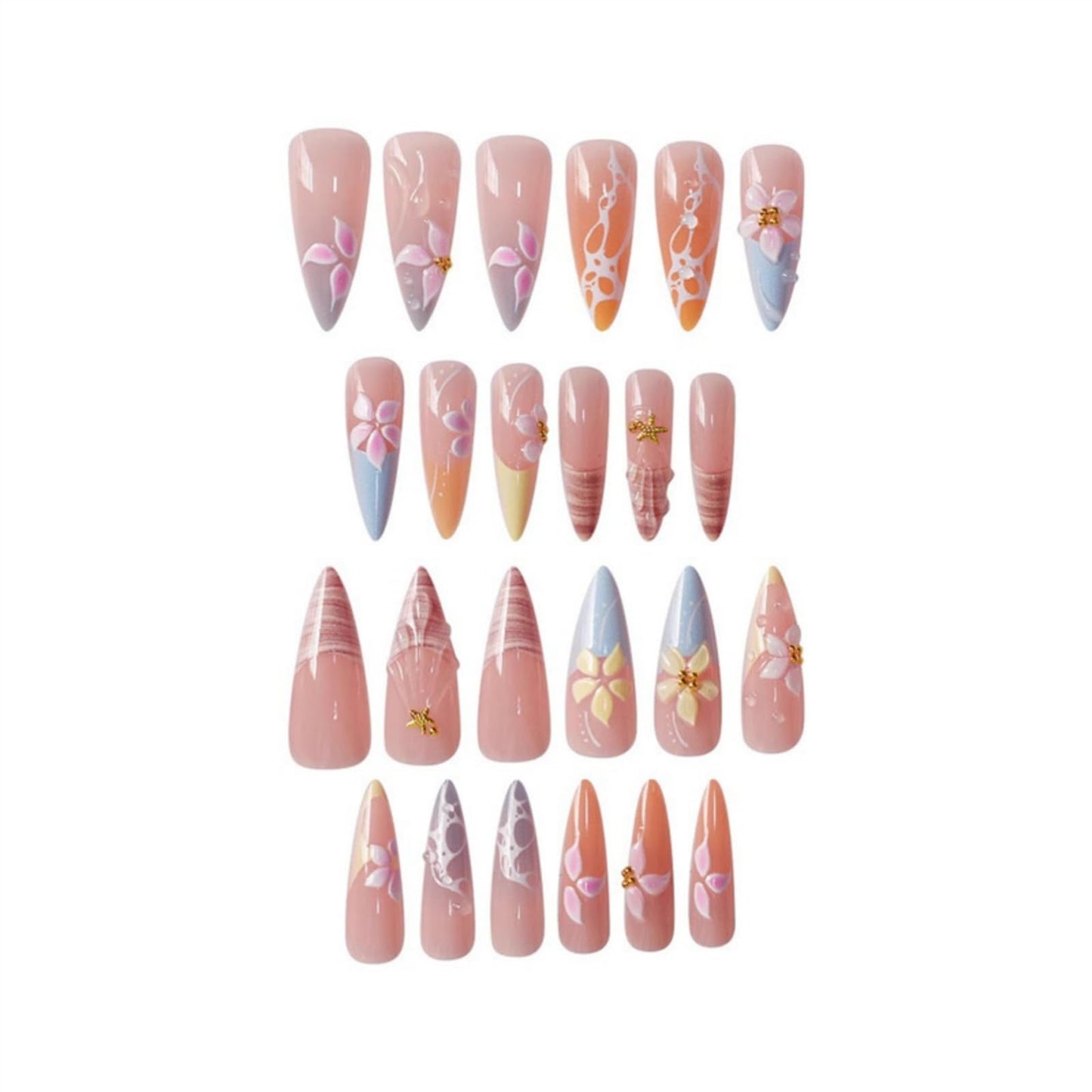 SEENEEY Long Press on Nails Almond Fake Nails French Flowers Artificial Nail with Pink Floral Designs Cute Stick on Nail for Women 24pcs