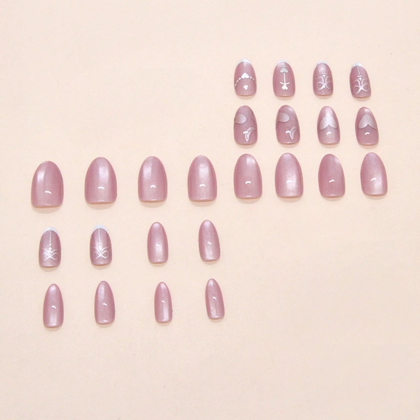 Hkanlre Almond Fake Nails Tips Shiny French Press on Nails Medium Full Cover Cat Eyes Pink False Heart Nails for Women 24PCS