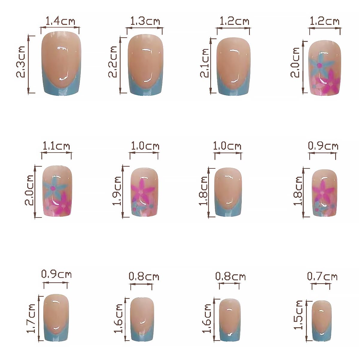 24pcs Blue French Tip Press on Nails Medium Square Fake Nails Pink Flower Design Nail Art Supplies Acrylic Artificial Nails Glossy Glue on Nails Full Cover Nail Supplies for Women Manicure Decoration