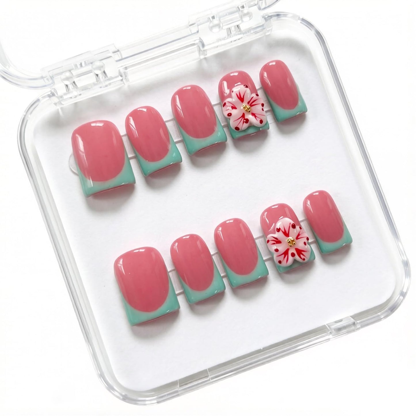 Short Square Handmade Press on Nails 3D Flower Green French Tip Reusable Thick Shiny Gel Nails Full Cover Stick on Nail for Women Party & Daily Wear 10Pcs (Size M)