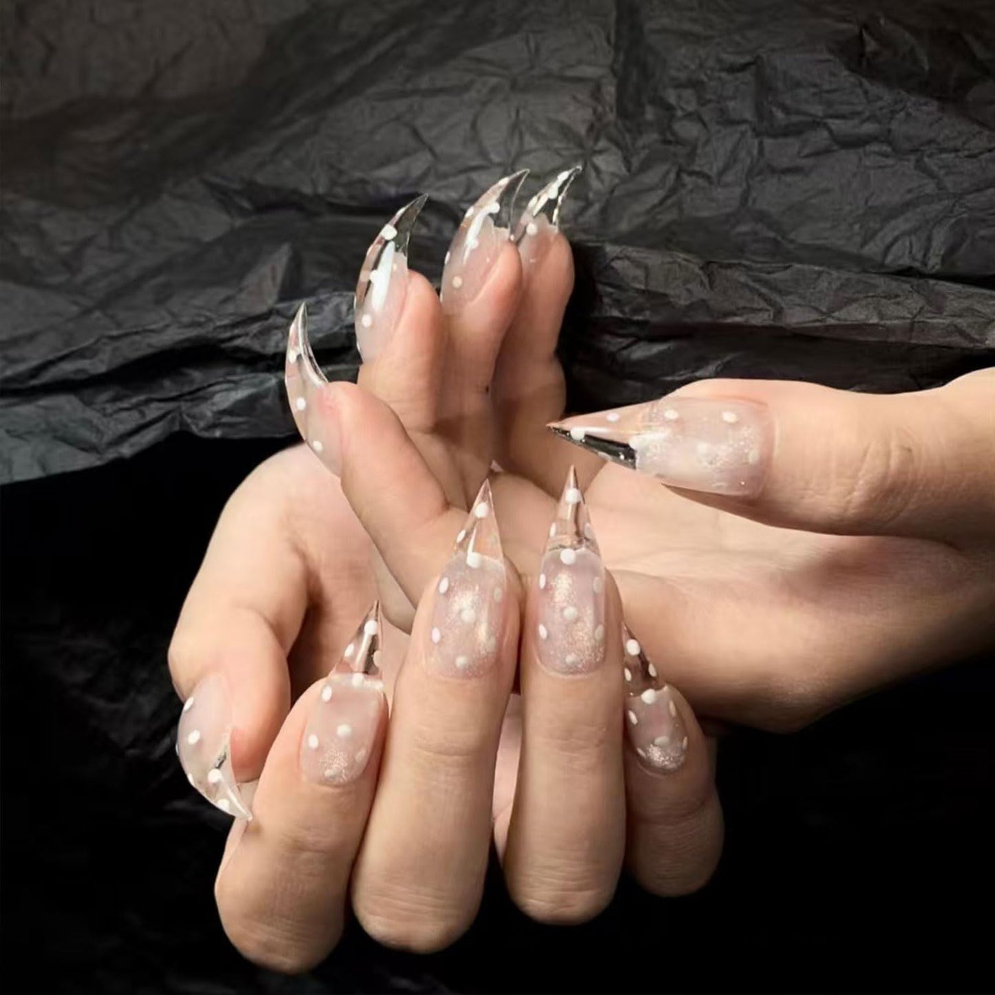 10 Pcs Handmade Press on Nails Curved Short Eagle Claw Fake Nails with Dot Designs Transparent Luxury Dragon Claw False Nails with Glue,Full Cover Acrylic Artificial Nail for Women(S)