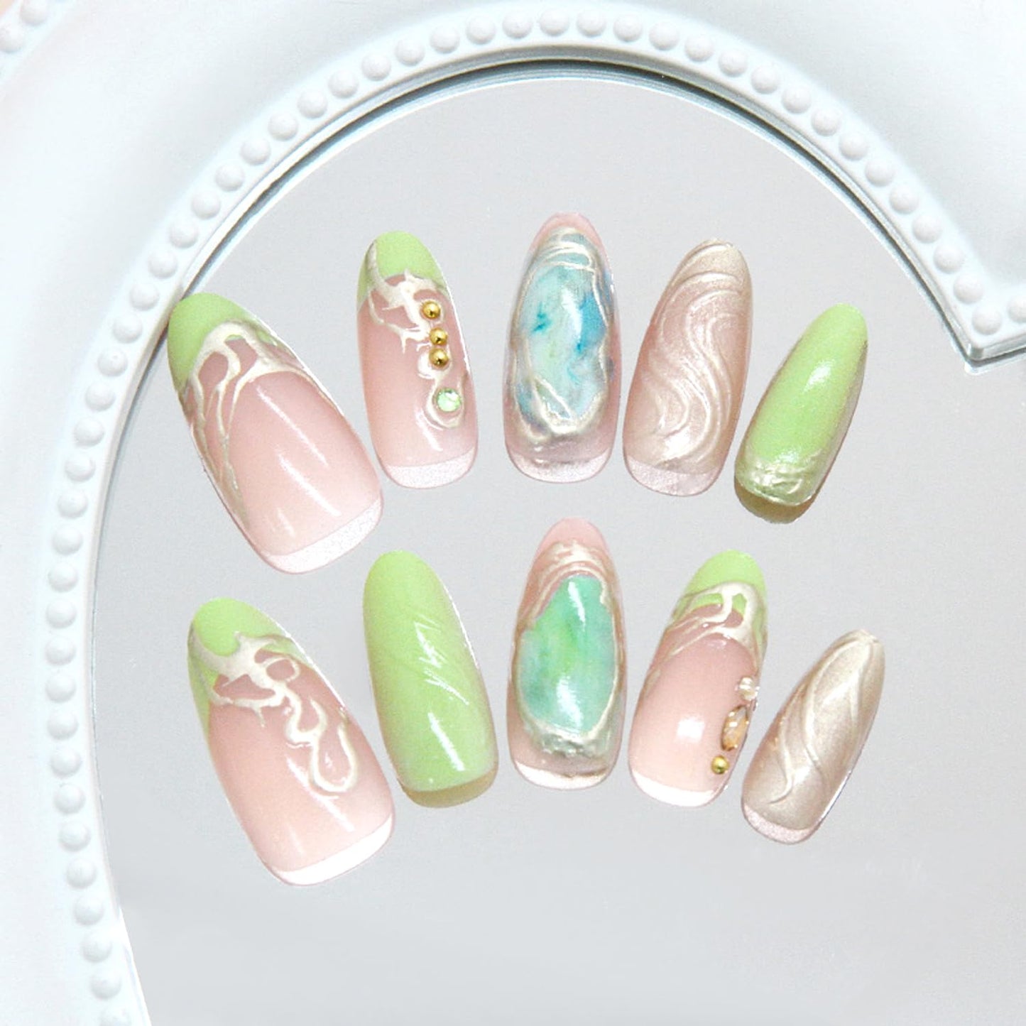 30Pcs Chrome Gold Press on Nails Medium Almond Green French Tip Fake Nails with 3D Rhinestone Design Gold Irregularity Line False Nails Nude Glossy Full Cover Gilded Artificial Glue on Nails for Women