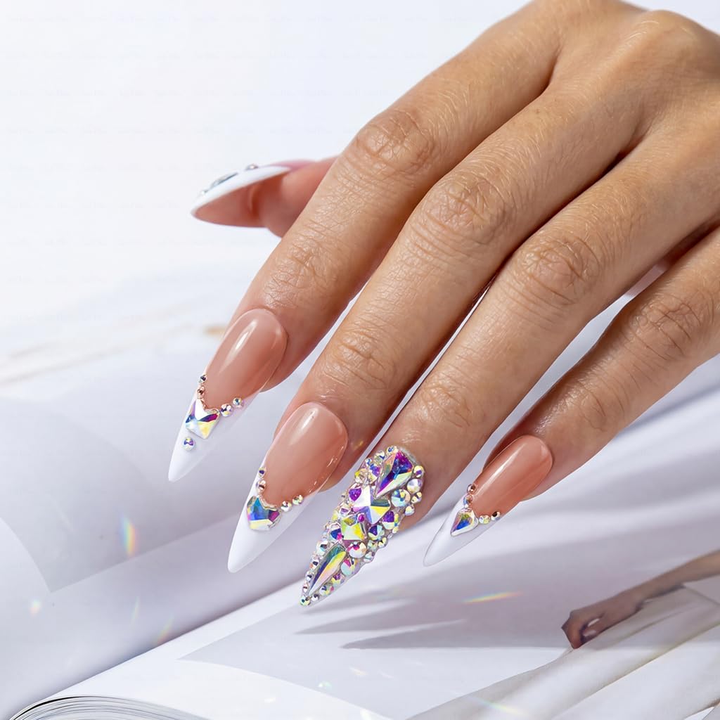 IntoVibes 10 Pieces Handmade Long Almond Press On Nails, White Thickened French False Nails With Rhinestone Decorate, Reusable Fake Nails Almond, Reusable Acrylic Nails (L)